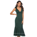 Women Green Dress V Neck Elegant Evening Party Slim Ruffles Sexy Dinner Backless Classy Ladies Slim Tunics Elegant Spring Robes